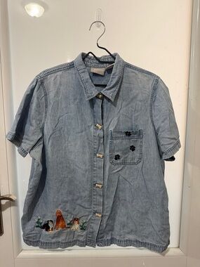 Blair Light Blue Denim Button-Down Shirt with Embroidered Dogs